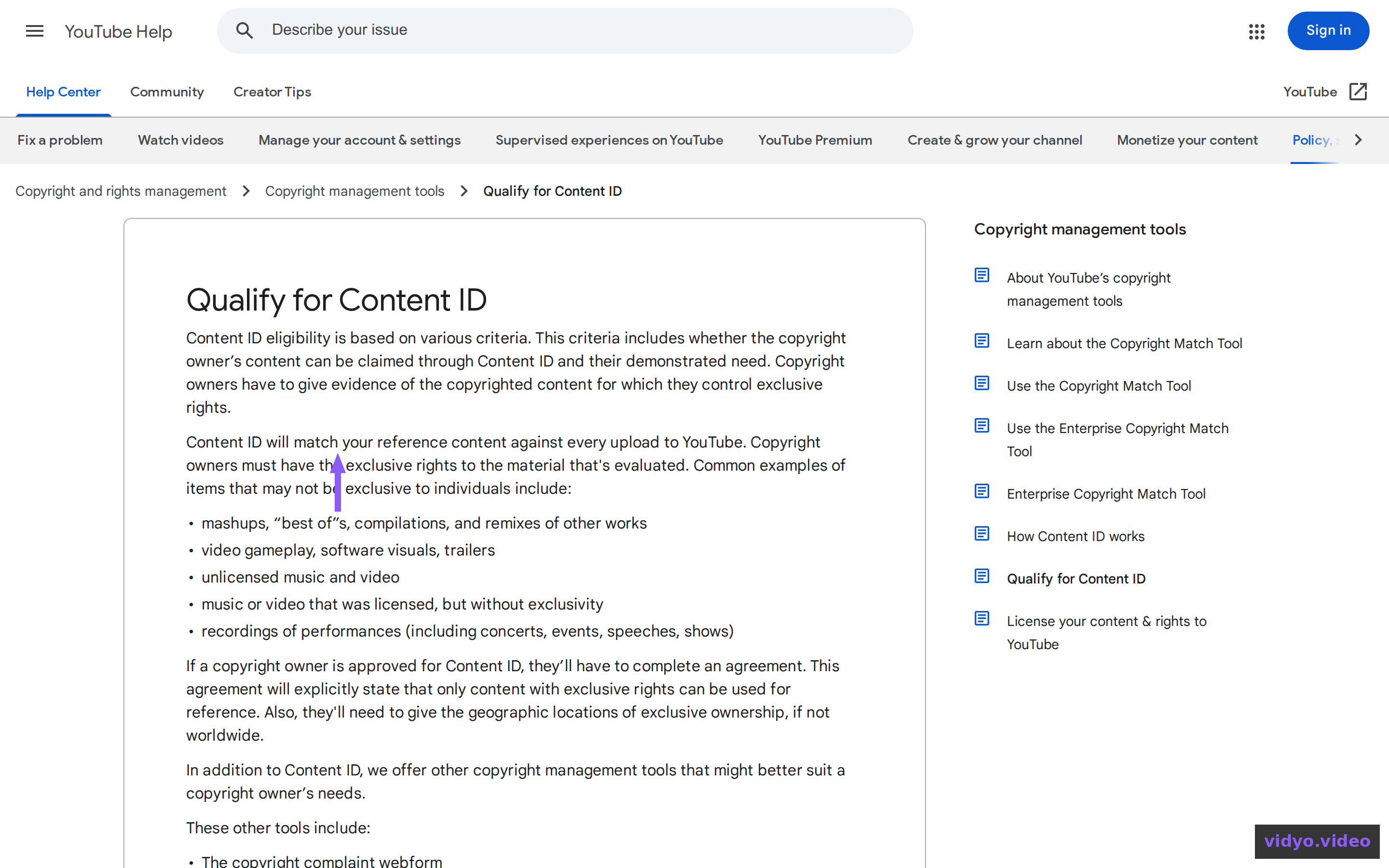 YouTube's Qualify for Content ID page — exclusive rights requirement
