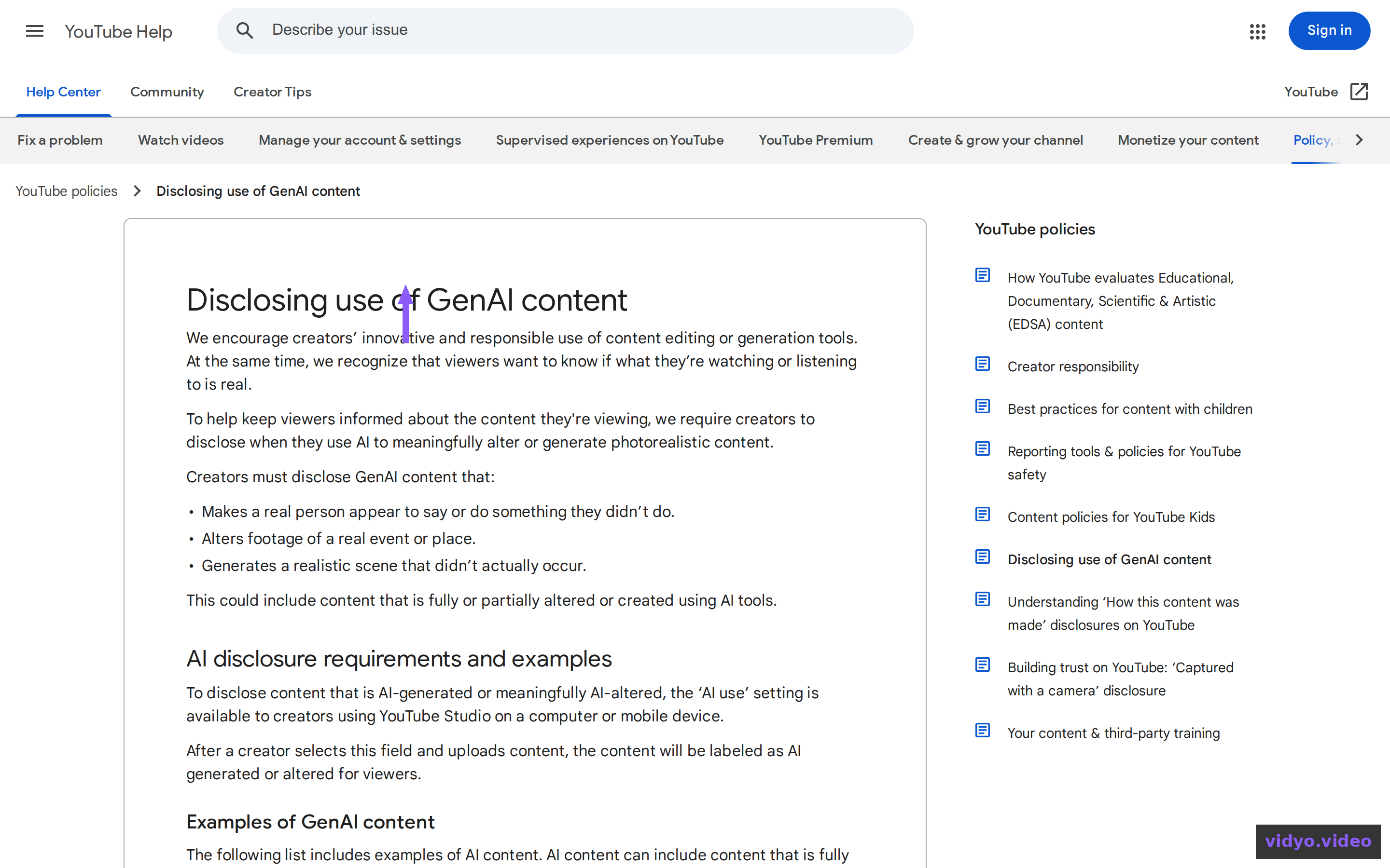 YouTube Help page: Disclosing use of GenAI content — the disclosure requirement for AI-generated material