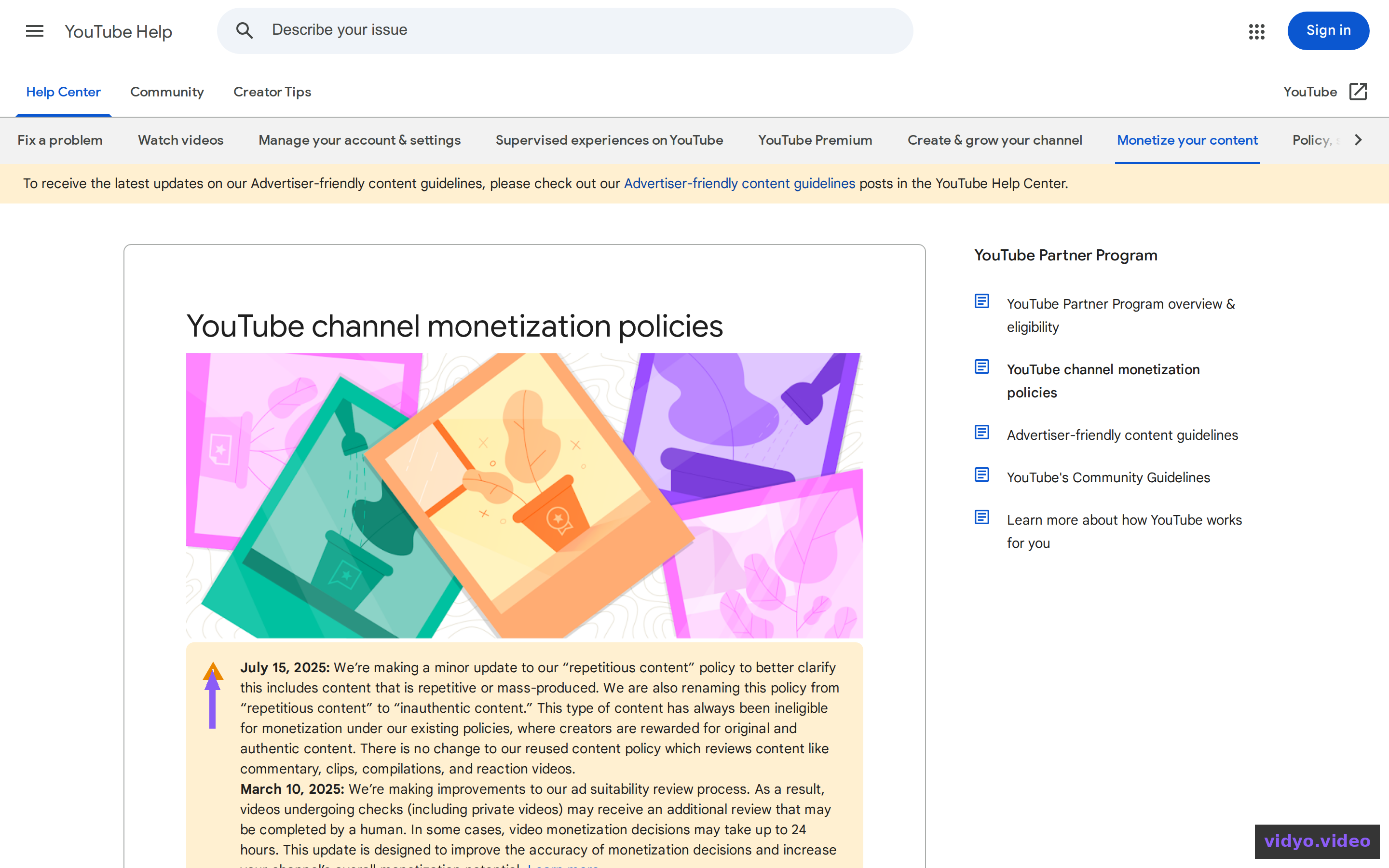 YouTube channel monetization policies page with the July 15, 2025 inauthentic content update